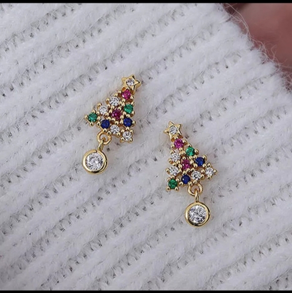 Dainty Gold Rhinestone Crystal Christmas Tree Stud Earrings - Picture 2 of 8